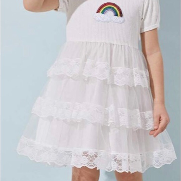 White Sequins Rainbow Ruffle Sparkle A Line Dress New - Picture 4 of 15